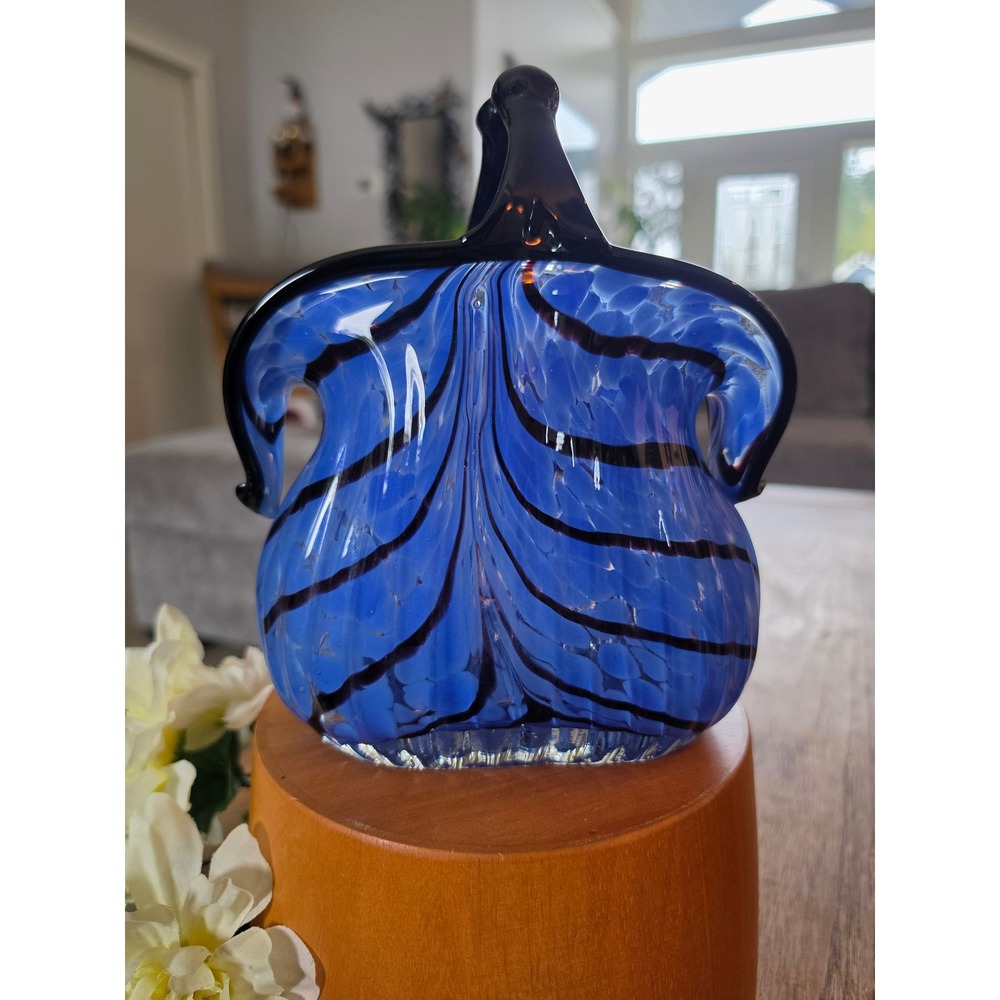 Vintage Murano Style Blue & Black Striped Hand Blown Glass Purse Vase 7.5"